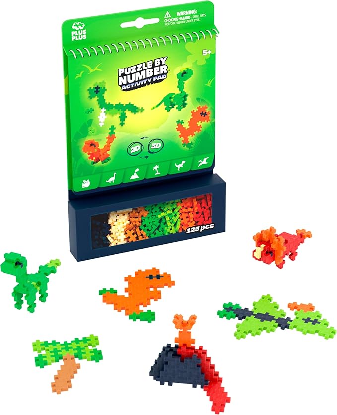 PLUS PLUS Puzzle by Number Activity Pad, Kids Travel Activities, Interlocking Mini Building Blocks, 3D Puzzle Stem Toy for Kids - Dinosaurs