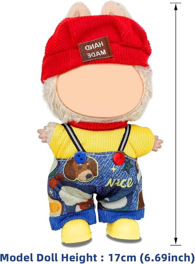 Clothes for Labubu 17cm Doll (NO Doll), 4 Piece Labubu Clothes Set, Cute Labubu Outfits with Accessories, Handmade Crochet La Bubu Doll Dress Up Set（Street Hip hop）