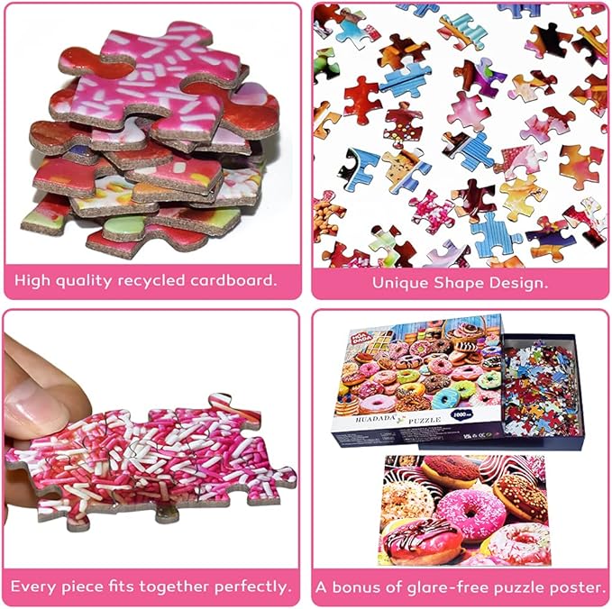 HUADADA Jigsaw Puzzles for Adults 1000 Pieces, Donuts Interlock Perfectly Letter on Back No Dust, Home Decor Birthday Party Gift Toy for Men Women Olders Seniors (27.5"x19.6"), 1:1 Poster