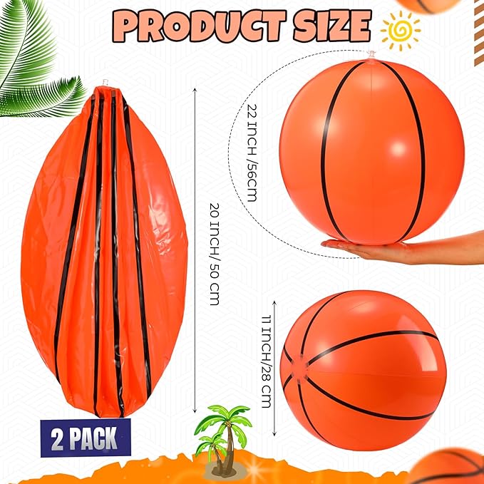 2 Pack 20 Inch Inflatable Basketball, Large Basketball Beach Ball for Pool, Bouncing Sports Ball for Summer Beach Game Birthday Party Decorations