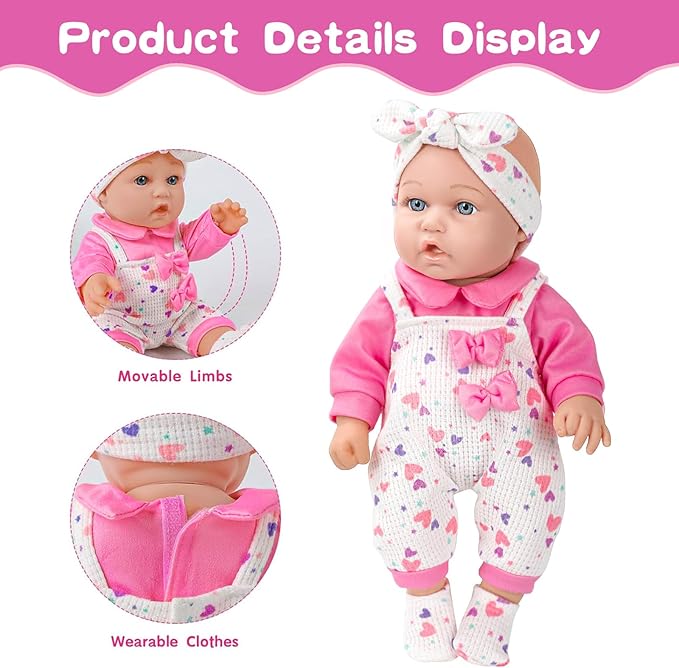 XFEYUE 12" Baby Doll with Pink Bowknot Clothing Set,12 Inch Realistic Baby Dolls with Clothes and Accessories,Pacifier Bottle Toy Pretend Play Collection for 3+ Child Girls Gifts
