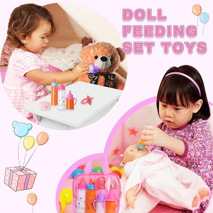 Baby Doll Bottles Accessories Set for Toddlers, 2 Milk and 2 Juice Bottles and 2 Toy Pacifier (Pink)