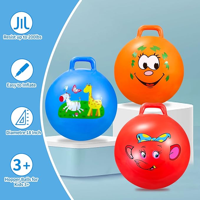 Bouncy Balls with Handle for Kids, Ride On Toys Balls for Kids 3 4-8, 3 Pack Hopper Ball 18 Inch Size with Air Pump for Kid Jumping Sports Ride Games Balance Exercise Indoor Outdoor Fun Toy