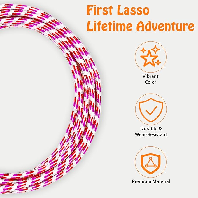 Cowboy Lasso Rope for Kids with Pre-Tied Loop, 20' - 9mm Unwaxed Lariat Roping Rope Toy for Indoor Outdoor Western Play & Costume Prop (Red Pink)