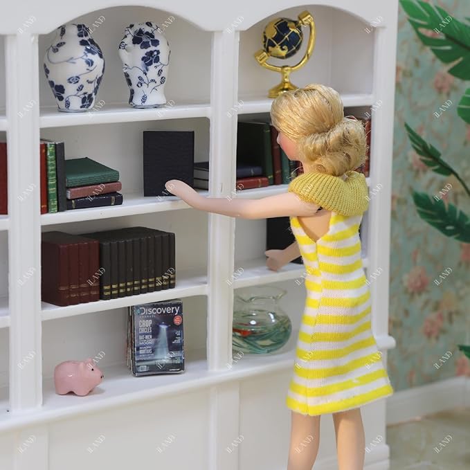 iLAND Dollhouse Bookshelf 1/12 Scale Dollhouse Furniture Mini Wooden Bookshelf for Miniature Books Mini Bookcase 1/12 Scale Accessories Mini Library Doll House Living Room Books Shelf Miniature Gifts