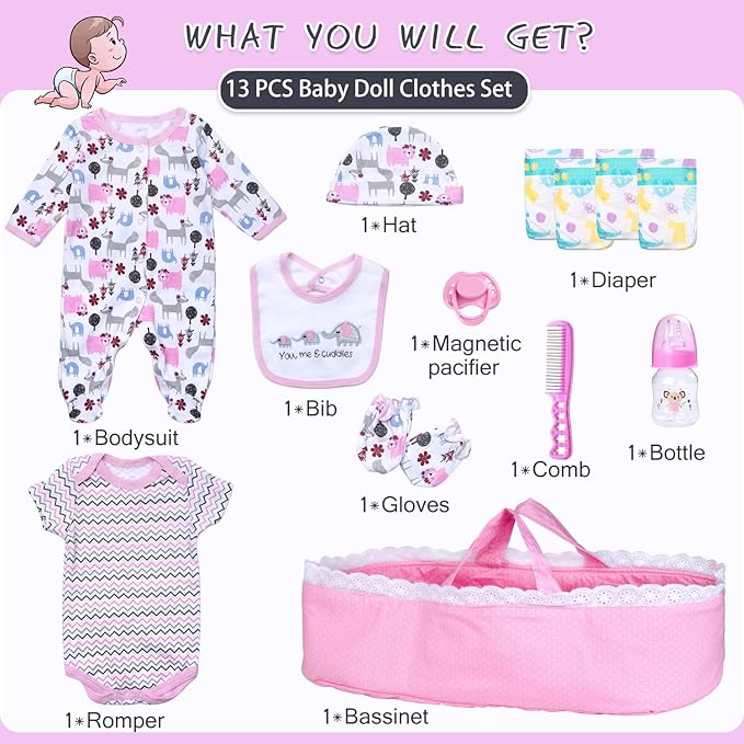 13PCS Reborn Baby Doll Clothes 17-22 Inch Pink Elephant Reborn Newborn Baby Doll Carrier Bassinet Accessories Girl Sets