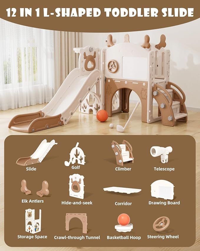 XJD Toddler Slide,12 in 1 Kids Slide for Toddlers 1-3, New Upgrade with Golf Set, Basketball Hoop, Drawing Board for Indoor Outdoor Playset,Toddler Playground (Brown)