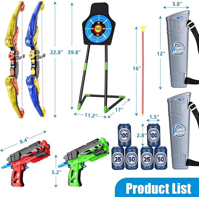 2 Pack Bow and Arrow Toy : Sports Toys for 5 6 7 8 9 10 11 12 Year Old Boys | with 24 Suction Cup Arrows, 1 Standing Target, 6 Score Targets & 2 Quiver | Indoor Outdoor Sport Gifts for Ages 4-8 8-12