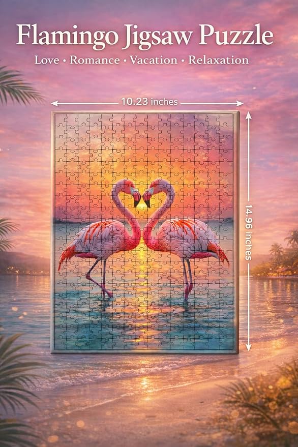 Flamingo Puzzles for Adults 300 Pieces, Jigsaw Puzzle with Flamingo Heart at Sunset, Art Challenging Animal Puzzle for Girlfriend, Valentine's Day, Vacation, Leisure Time, Beach, Wall Decor