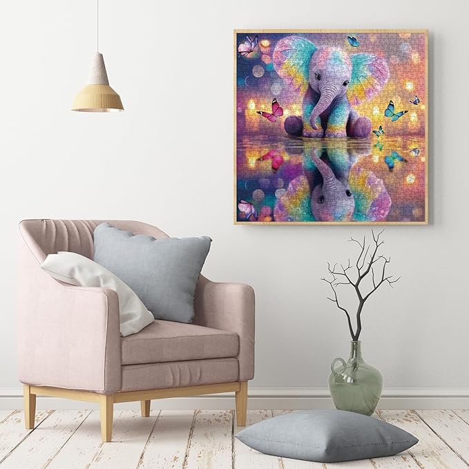Colorful Elephant Puzzles for Adults 1000 Pieces, Rainbow Pretty Animal Jigsaw Puzzles, Challenging Beautiful Butterfly Puzzle