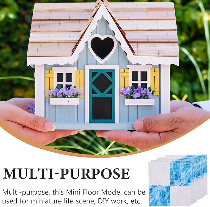 Alasum Miniature Wood Flooring Tiles, 1/12 1/6 Scale Artistic Blue & White Patterned Floorboards, Durable Solid Wood Dollhouse Floor Boards for DIY Scenery Layouts & Model Decor, 18Pcs Set