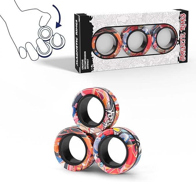 Magnetic Rings Fidget Toy Set, Idea ADHD Fidget Toys, Adult Fidget Magnets Spinner Rings for Anxiety Relief Therapy, Fidget Pack Great Gift for Adults Teens Kids (3PCS)