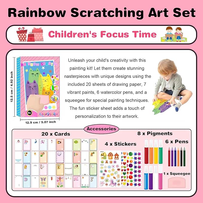 LEERYOUQU Squeegee Art Craft Kit, Creative Painting Kit for Kids, Rainbow Scratch Paper Art Set Notebooks, Magic Dot Scratch Painting Party DIY Gifts for Girls and Boys