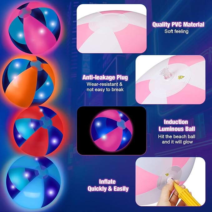 4 Pcs Light up Beach Balls 16'' Jumbo Pool LED Balls Glow in the Dark Neon Giant Inflatable for Summer Hawaiian Tropical Theme Beach Party Decor Water Accessory (Colorful)