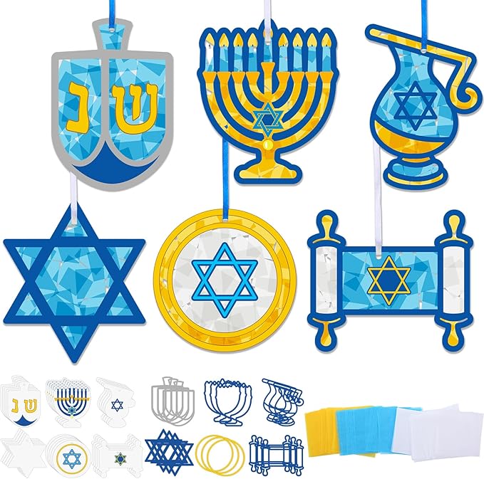 24 Sets Hanukkah Craft Kits Hanukkah Tissue Paper Crafts Chanukah Suncatchers Kits DIY Star of David Menorah Dreidel Hanging Ornaments for Chanukah Christmas Holiday Activities Party Supplies
