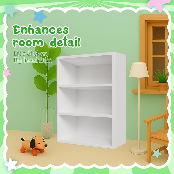 Dollhouse Bookshelf in 1:12 Scale, Realistic 3-Tier Open Shelf Dollhouse Library Furniture, Doll House Book Shelf Makes a Great Gift for Children and Collectors Alike