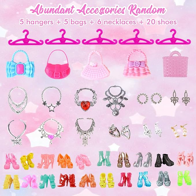 65 PCS Clothes and Accessories Including 5 Wedding Gown Dresses 10 Slip Dress 2 Fashion Dresses 2 Tops 2 Pants 2 Bikini 20 Shoes 22 Accessories for 11.5 Inch Girl Dolls in Random, for Girls