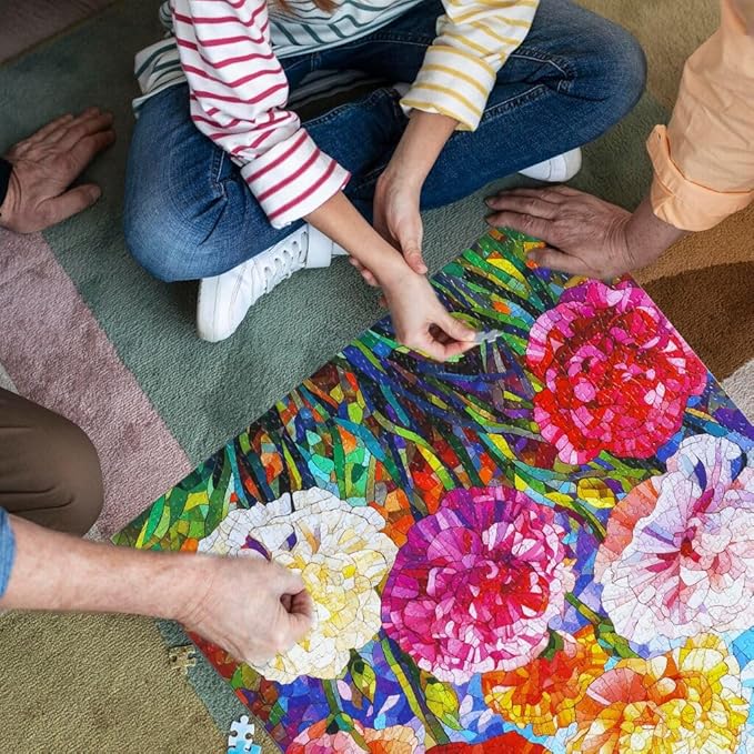 Bgraamiens 1000 Pieces Stained Glass Puzzle - Carnations Art Puzzle with Blooming Flowers, Color Challenge for Adults