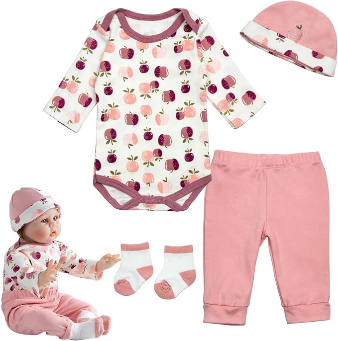 Reborn Baby Doll Clothes for 17-22 Inch Newborn Baby Dolls Clothes Girl 4pcs Accessories Outfit Reborn Pink Apple Clothing Set