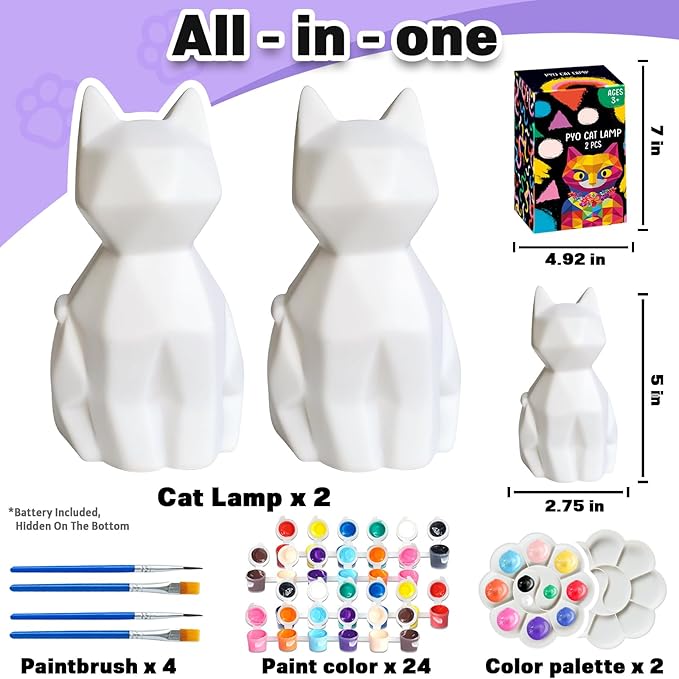 FUNZBO 2pcs Paint Your Own Cat Lamp - Easter Basket Stuffers, Arts and Crafts Supplies Painting Kits for Kids Teens, DIY Night Light Toy for Girls Boys Ages 3 4 5 6 7 8 9 10 11 12 13 Birthday Gifts