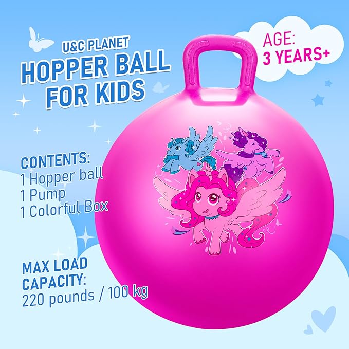 U&C Planet Hopper Ball 18 inches Bouncy Ball with Handle for Kids Age 3-6 Hoppity Hop Sit and Bounce Jumping Hopping Toy with Pump and Gift Box Great Gift for Easter Basket Stuffers, Pink