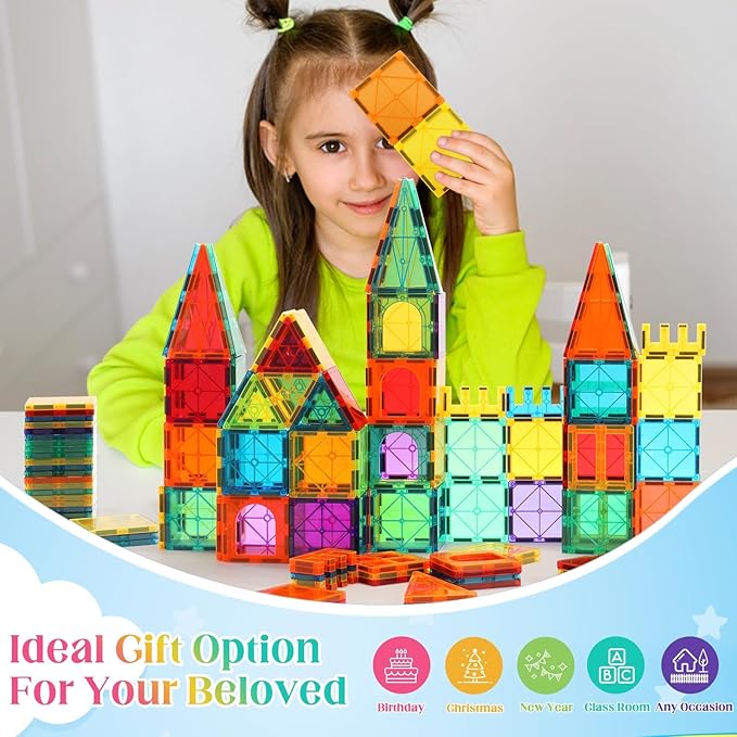 Magnetic Building Tiles for Kids,64 PCS Educational Magnetic Stacking Blocks for Boys Girls, Magnets Construction Toys,Stem Preschool Kindergarten Learning Toys