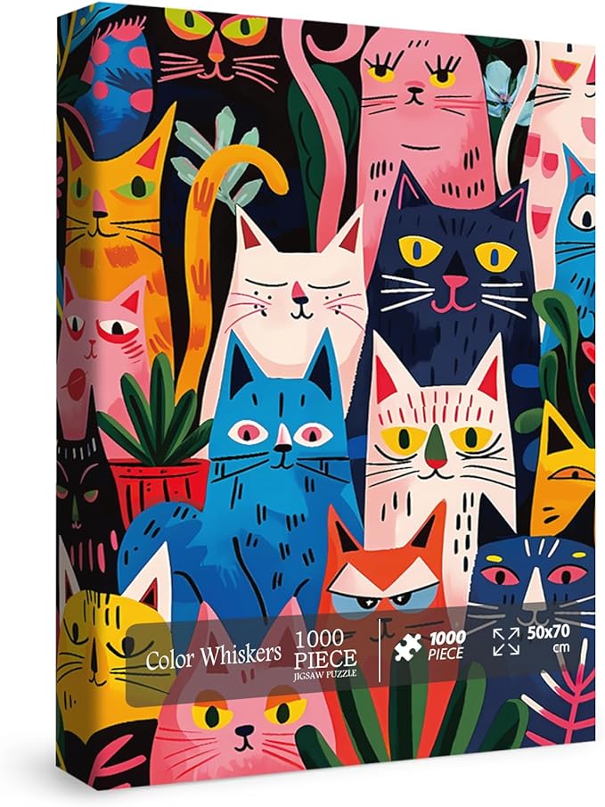 Colorful Cat Puzzle for Adults 1000 Pieces, Funny Animal Jigsaw Puzzle, Cute Kitten Plant Puzzle