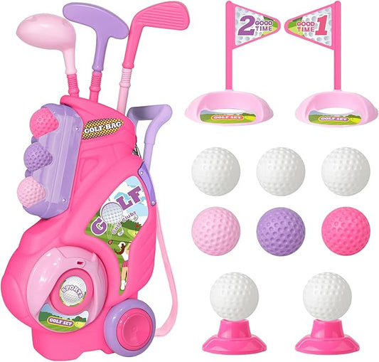 Toddler Golf Set for Girls Boys 1 2 3 4 Years Old, Upgraded Kids Golf Cart with 3 Clubs & 8 Balls, Outdoor Indoor Sports Toys Birthday Gift, Pink