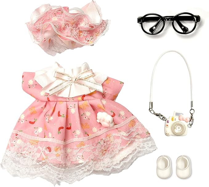 17cm Doll Clothes for Labubu Set - 5-Piece Luxury Designer Outfit with Bow, Glasses, Camera Bag & Shoes | Fashionable Dress-Up Accessories for Dolls (Pink)