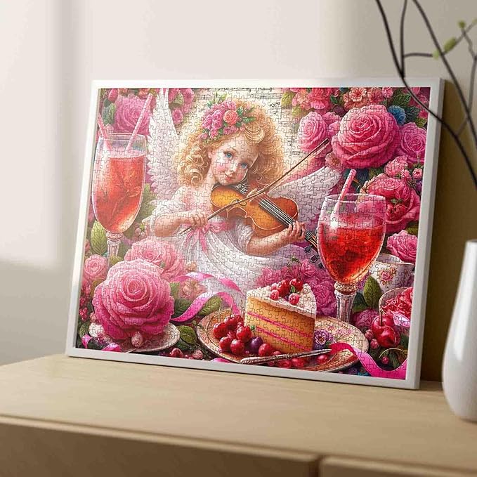 Angel Girl with Wings Puzzle 1000 Piece Jigsaw Puzzle for Adults– Pink Roses Art Puzzle DIY Crafts Puzzles for Valentine's Day Gift，Challenging Puzzle Perfect for Game Nights(27"x20")