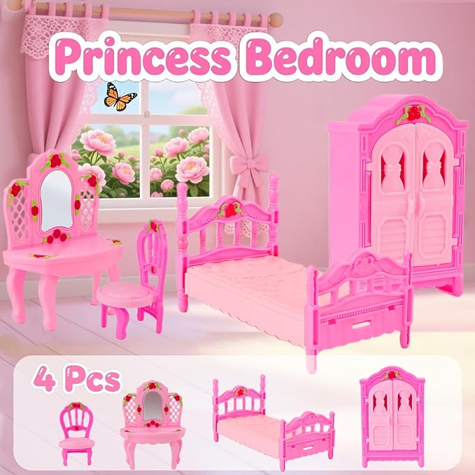 46Pcs Dollhouse Furniture Accessories Set Mini House Furniture Small Dollhouse Miniature Furniture Pretend Play House 1:12 Kitchen Bedroom Livingroom Bathroom Tiny Toy Boy Girl Kid Toddler (C Set)