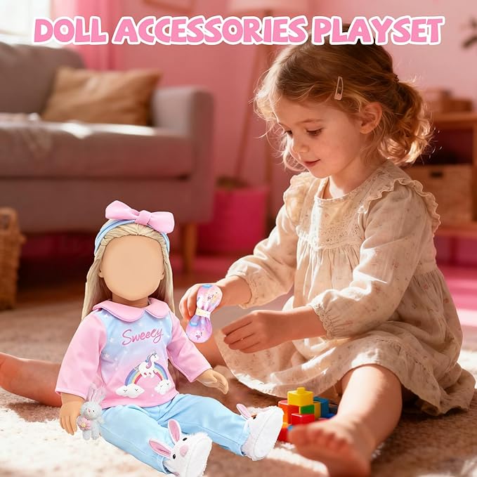 American 18" Doll Clothes and Sleeping Bag Accessories Set, Sleepover Outfit Fits 18 inch Dolls Include Pony Costume, Purple Pillow, Eye mask, Bunny Shoes, Animal Toy Gifts for Girls (No Doll)