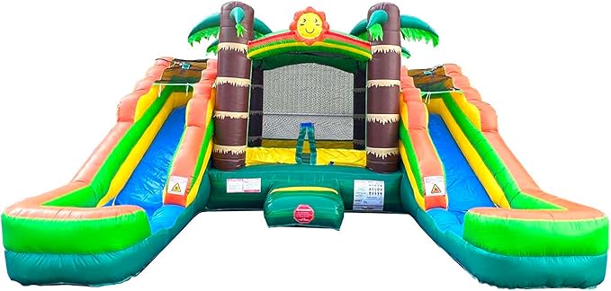 Crossover Tropical Double Water Slide Bounce House Combo, 16.5 x 15 x 11 Foot, PVC Vinyl Inflatable Bouncy House for Kids, Wet or Dry Slides, with Stakes and Storage Bag, Blower not Included