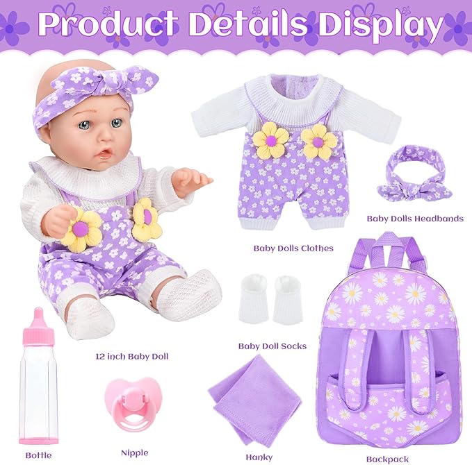 12" Flower Pattern Baby Doll With Backpack Carrier Can Store Clothes and Accessories,12 Inch Baby Dolls Set In Gift Box With Hanky Pacifier Bottle Pretend Baby Care Toy For Girl Child Toddler 3+ Gifts