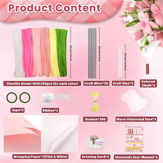 600 PCS Pipe Cleaners Craft, 6 Colors Pipe Cleaner Bulk Flower Kit, Chenille Stems Bulk with Floral Wires, Gardening Tape, Stamen, Wrapping Paper & Ribbon, DIY Art and Craft Supplies - Pink Gradient