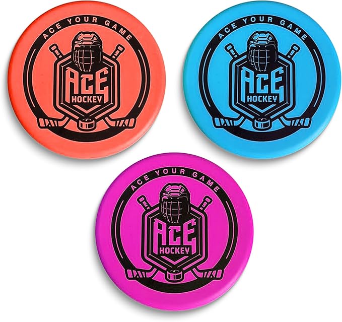 ACE HOCKEY Foam Pucks - Set of 3 Indoor Knee Hockey Pucks - Soft Hockey Pucks, Official Regulation Size 3" Floor Hockey Pucks - Blue, Red, Purple Colors