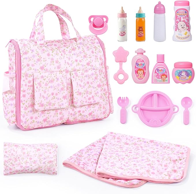 BABESIDE 10 Pcs Baby Doll Diaper Bag Set – Reborn Baby Doll Accessories with Changing Pad, Feeding Bottles, Care Set– Diaper Bag Toys for Baby Dolls up to 21 Inches, Gift for Girls Ages 3 and Up