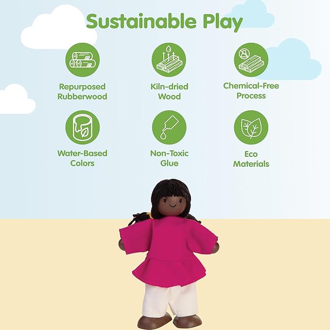 PlanToys® Girl Wooden Dollhouse Figurine | Poseable 1:12 Scale Mini Doll (4 Inch) | Dollhouse Accessories for Pretend Play | Eco-Friendly Montessori Toy for Kids Ages 3+