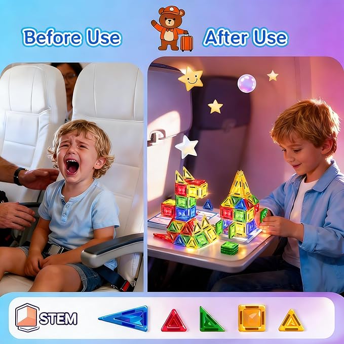 60pcs Mini Magnetic Tiles for Kids Ages 3-8,Travel Magnetic Building Blocks with Metal Storage Box, STEM Educational Toys, Montessori Sensory Learning Toys for Toddlers, Gift for Boys & Girls