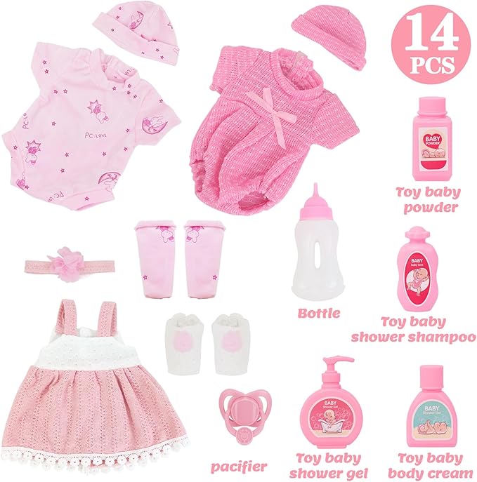 UNICORN ELEMENT 14 Inch Baby Doll-Baby Dolls with 15 Piece Accessories Set, Soft Body Baby Girl Doll, with Bottle & Pacifier, Clothes and Hats, Gift Box for Toddlers Ages 3 4 5