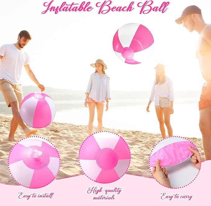 24 Pack 20 Inch Pink and White Inflatable Beach Balls Bulk PVC Beach Balls Blow up Water Games Toys for Kids Summer Swimming Pool Party Favors Hawaiian Tropical Theme Party Supplies