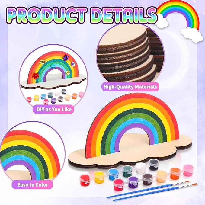 12 Sets Christmas Rainbow Painting Craft for Kids Party Favors, Art Wooden Painting Sets for Party Favors Brush Kit Return Gifts, Birthday Supplies Class Make Your Own Craft Kits