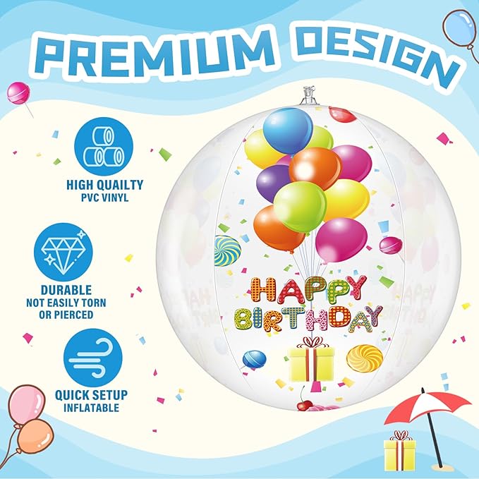 4 Pcs 20 Inch Birthday Beach Ball Clear Inflatable Pool Balls Bulk Large Pool Birthday Party Decorations for Swimming Outdoor Water Games Adults Gift Favor