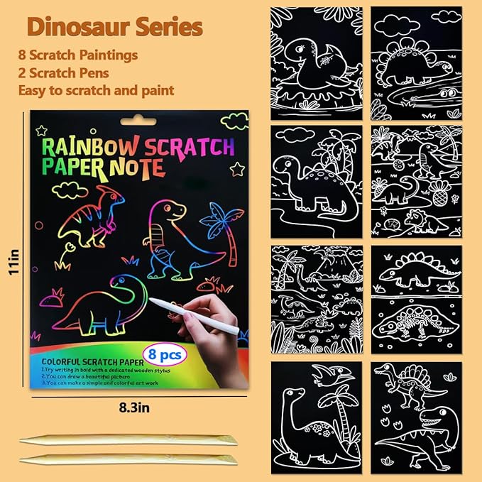JUNQIU Scratch Art for Kids, Rainbow Scratch Paper Art Set - Dinosaurs, Arts and Crafts for Girls Boys Ages 4-8, Activity & Christmas Crafts, Stocking Stuffers for Kids