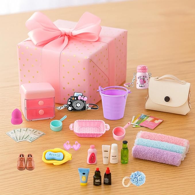 118Pcs Dollhouse Mini Jewelry Storage Case Cosmetic Hand Bag Towel Bathroom Set Accessories Toothbrush Shampoo Purse Decor Doll Backpack Girl Micro Scene Ature Makeup Shoes Glasses Money Mask DIY