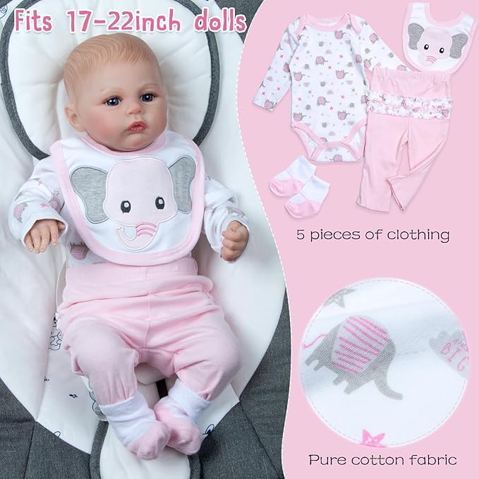 Reborn Baby Doll Clothes for 18-20 Inch Reborn Doll Clothes Accessories Pink Elephant Babydoll Butterfly Diaper Bag Girl 12 Pcs