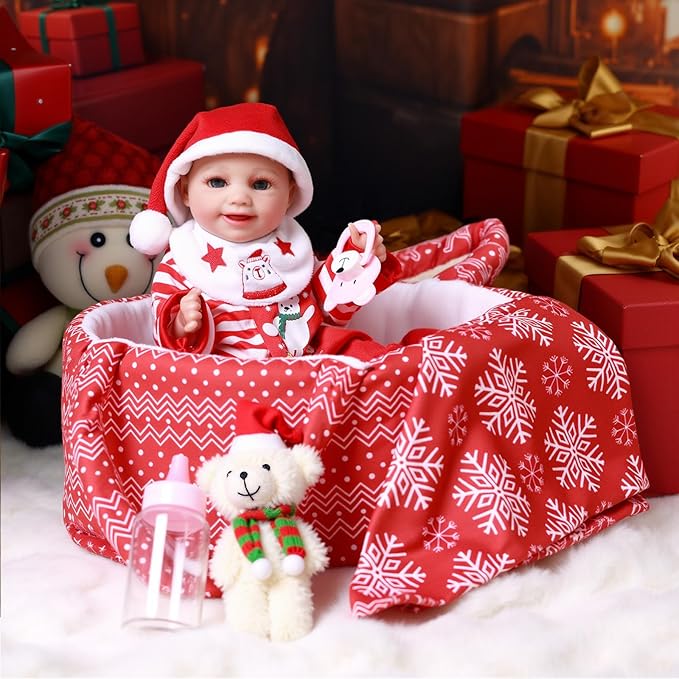 BABESIDE 9 Pcs Christmas Baby Doll Clothes with Bassinet for 10-11-12 Inch Babydolls, Baby Doll Accessories and Dolls Clothes fit Small Baby Dolls Girl, Babies Pretend Play Set