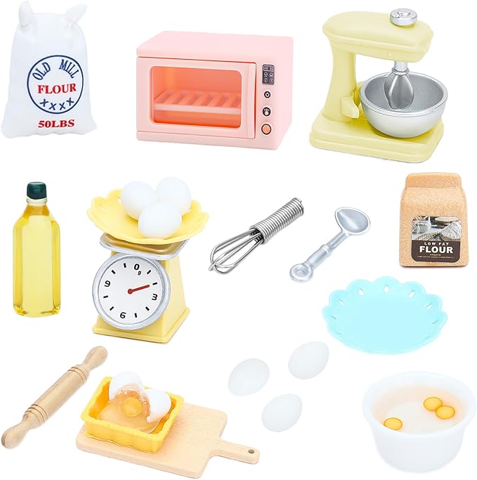 ONEST 26 Pieces Miniature Dollhouse Accessories Mini Stuff with Stand Mixer Kitchen Scale Flour Rolling Pin and Others for Dollhouse Kitchen Toys