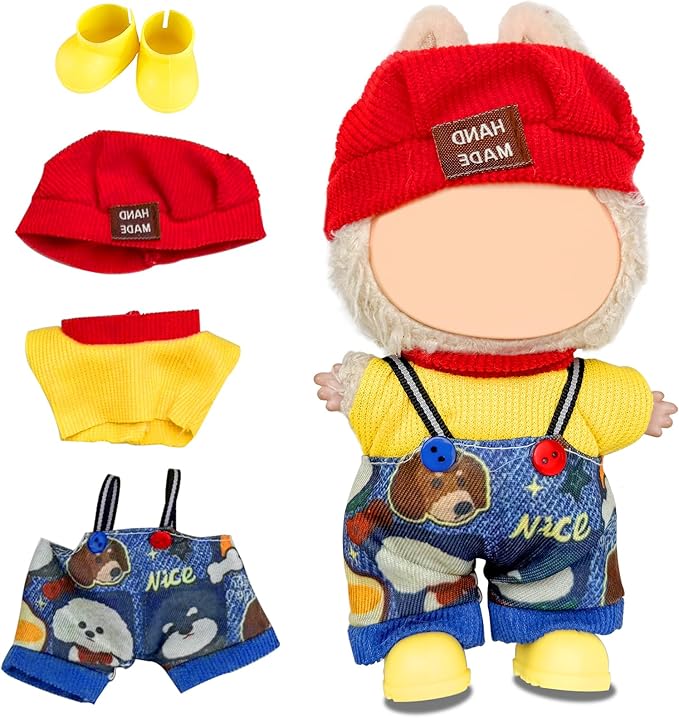 Clothes for Labubu 17cm Doll (NO Doll), 4 Piece Labubu Clothes Set, Cute Labubu Outfits with Accessories, Handmade Crochet La Bubu Doll Dress Up Set（Street Hip hop）