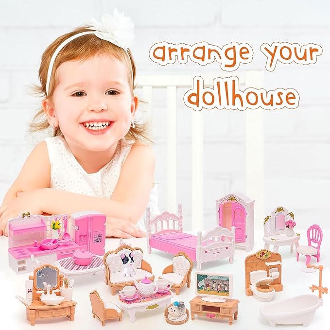 HAPGFS Doll House Mini Furniture 45 Pcs Dollhouse Furniture Set Accessories Pretend Play Bedroom Living Room Bathroom Kitchen for Kids Birthday and Christmas Mixed Color